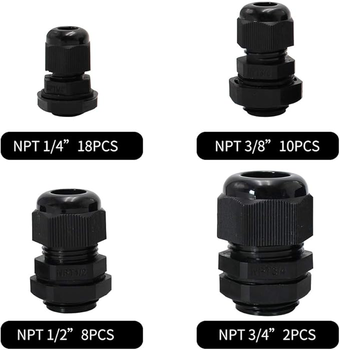 MAKERELE 38pcs NPT Cable Glands Kit Waterproof Strain Relief Connector | Black - Image 2