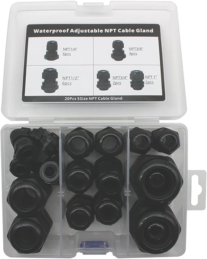 20-Pack NPT Cable Gland Kit, IP68 Waterproof Nylon PA66 Strain Relief Cord Grips - Image 5