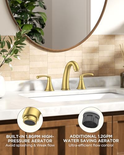 FORIOUS Bathroom Sink Faucet 3 Hole Widespread 8 Inch 2 Handle Brushed Gold - Image 2