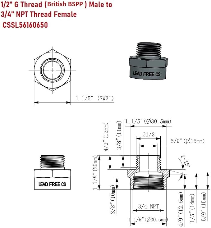 Cascada Lead-Free Brass Adapter, G Thread British BSPP Male to NPT Female |) - Image 3