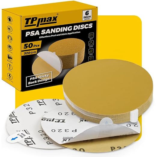 6-Inch 320-Grit Gold PSA Sanding Discs, 50 Pack – Pro-Grade Self-Adhesive by TPmax