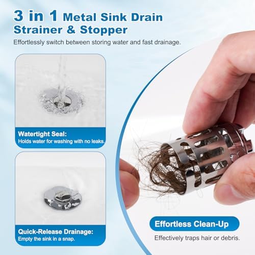 Hibbent Universal Bathroom Sink Drain Strainer, 3 in 1 Pop Up Stopper - Image 5
