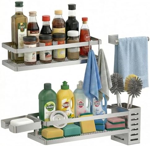 PUSDON 5-in-1 Shower Caddy & Kitchen Organizer Set, Wall Mount Wide Spice Rack by PUSDON