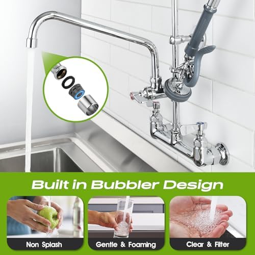 Commercial Sink Faucet with Sprayer 36" Height, 8 Inch Center Wall Mount - Image 6