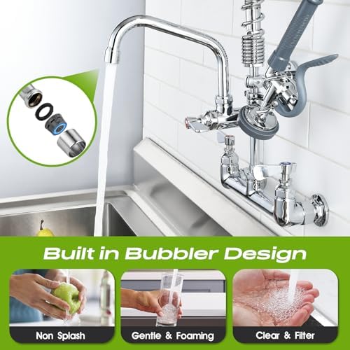 Commercial Sink Faucet with Sprayer 21" Height, 8 Inch Center Wall Mount - Image 4