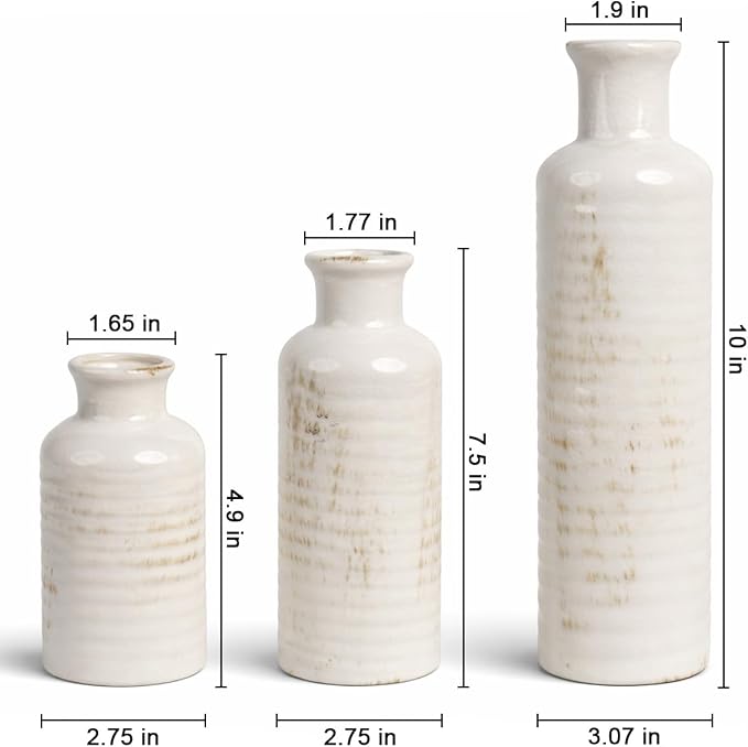 White Ribbed Ceramic Vase Set of 3, Clay Bottle Vases - Image 2