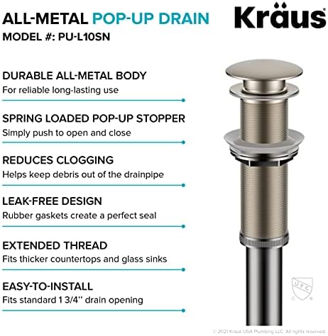 KRAUS Bathroom Sink Pop-Up Drain Assembly in Satin Nickel - Image 4