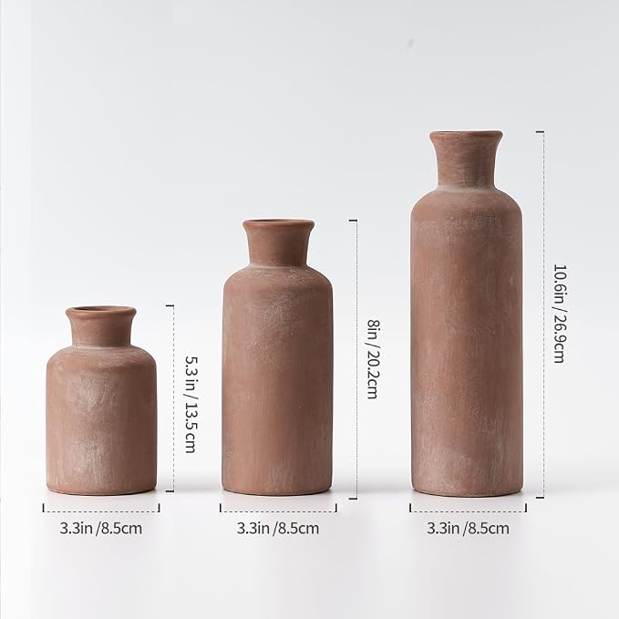 LUKA Ceramic Rustic Farmhouse Vase Set of 3, Terracotta Vases - Image 3