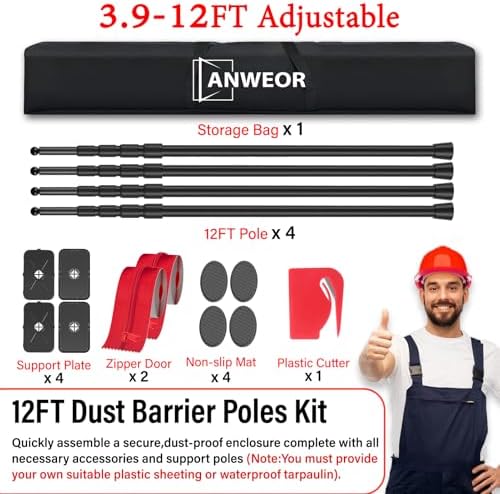 12FT Exclusive Patent Dust Barrier Poles Kit, Spring Retractable Loaded Wall - Image 2