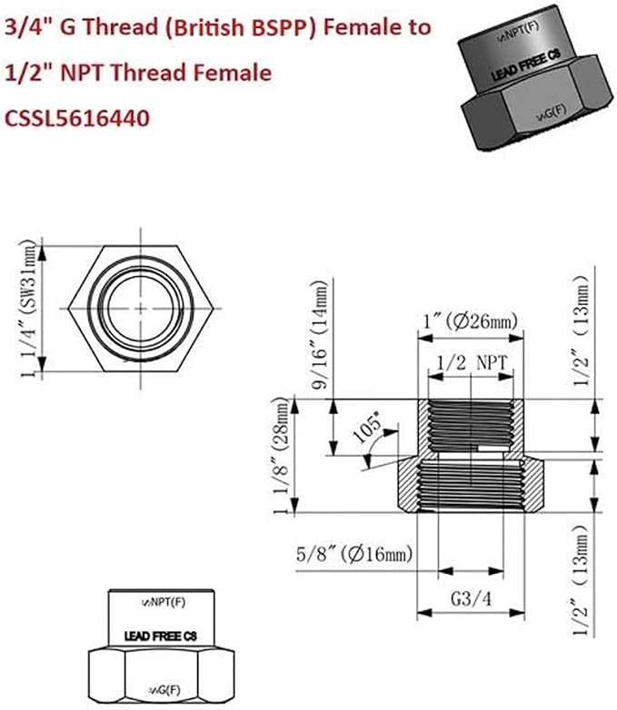 Cascada 3/4" G Thread Female to 1/2" NPT Thread Female Pipe Fitting Adapter - Image 4