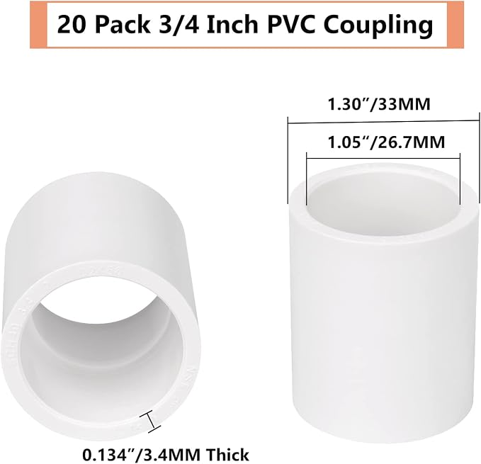 20 Pack 3/4" PVC Pipe Coupling Adapter Pipe Fittings Contractor Pack Schedule - Image 2