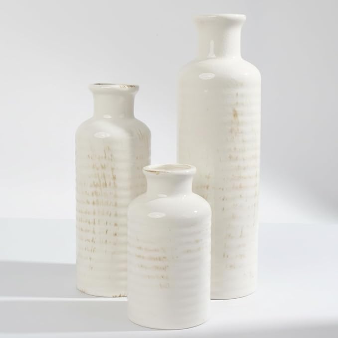White Ribbed Ceramic Vase Set of 3, Clay Bottle Vases by CheeryStow