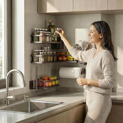 PUSDON 5-in-1 Shower Caddy & Kitchen Organizer Set, Wall Mount Wide Spice Rack - Image 2