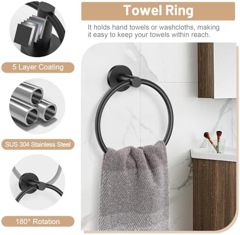 Matte Black Bathroom Hardware Set, Toilet Paper Holder, Towel Ring & Hooks - Image 5