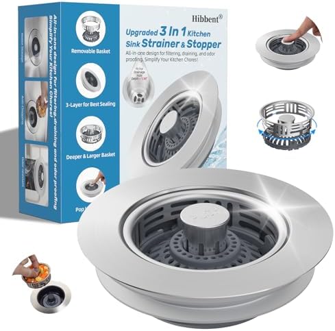 Hibbent 3 in 1 Kitchen Sink Drain Strainer, Metal Pop Up Stopper by Hibbent