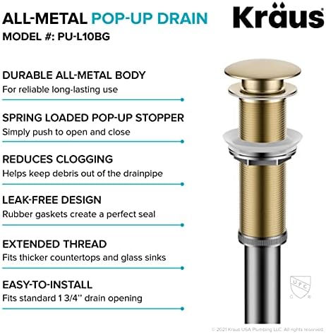 KRAUS Bathroom Sink Pop-Up Drain Assembly in Brushed Gold - Image 4
