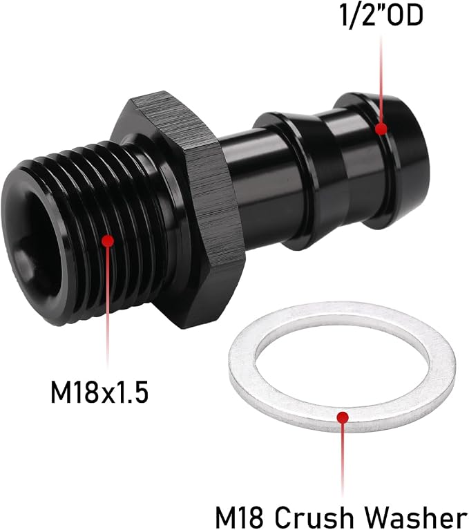 M18x1.5 Male Metric to 1/2 Barb Fuel Pump Inlet Adapter Fitting Aluminum Black - Image 2
