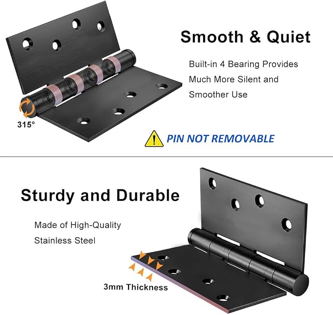VOLUKA 3 Pack Stainless Steel 4'' Door Hinges - Image 2