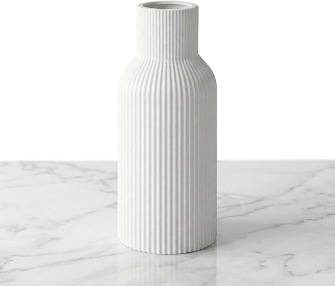 White Ceramic Vase, Modern Matte Ribbed Flower Vase by TrendEcoHome