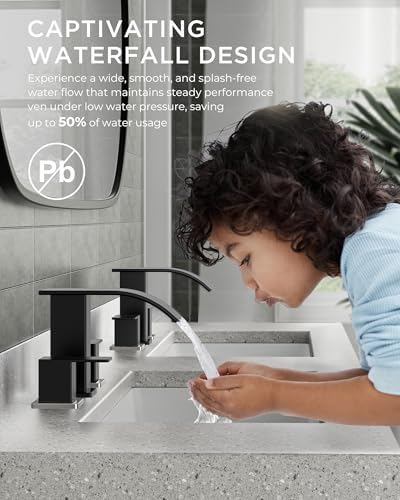 FORIOUS Bathroom Faucet Waterfall 3 Hole 8 Inch Black and Brushed Nickel - Image 4