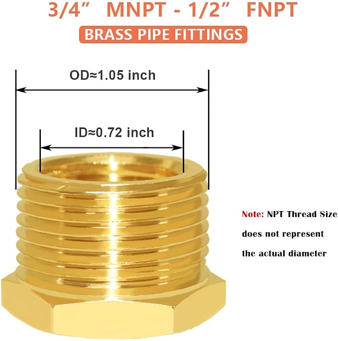 Hooshing 2PCS Brass Reducer Hex Bushing 3/4" NPT Male x 1/2" NPT Female | Heavy - Image 2