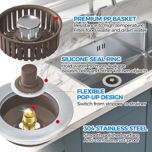 zaa 3 in 1 Kitchen Sink Drain Strainer Stopper Removable Basket Pop-Up - Image 5
