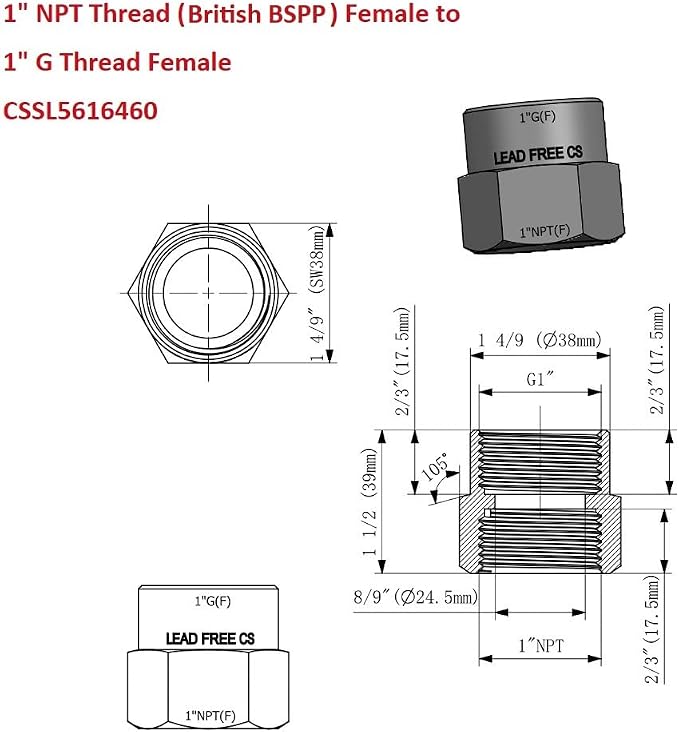 Cascada 1" G Thread Female to 1" NPT Thread Female Pipe Fitting Adapter - Image 4