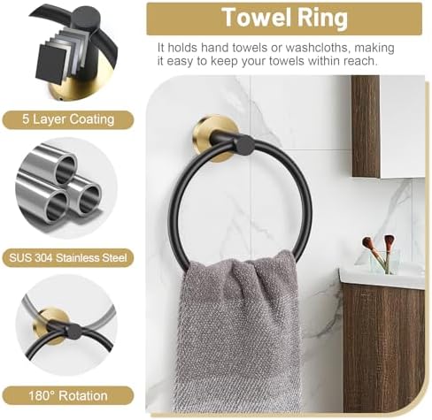Black Gold Bathroom Hardware Set, Toilet Paper Holder, Towel Ring & Hooks - Image 5