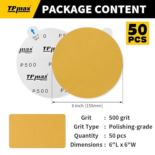 6-Inch 500-Grit Gold PSA Sanding Discs, 50 Pack – Pro-Grade Self-Adhesive - Image 2