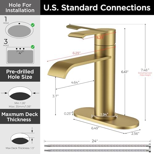 FORIOUS Waterfall Bathroom Faucet Single Hole Brushed Gold 2 Pack - Image 6