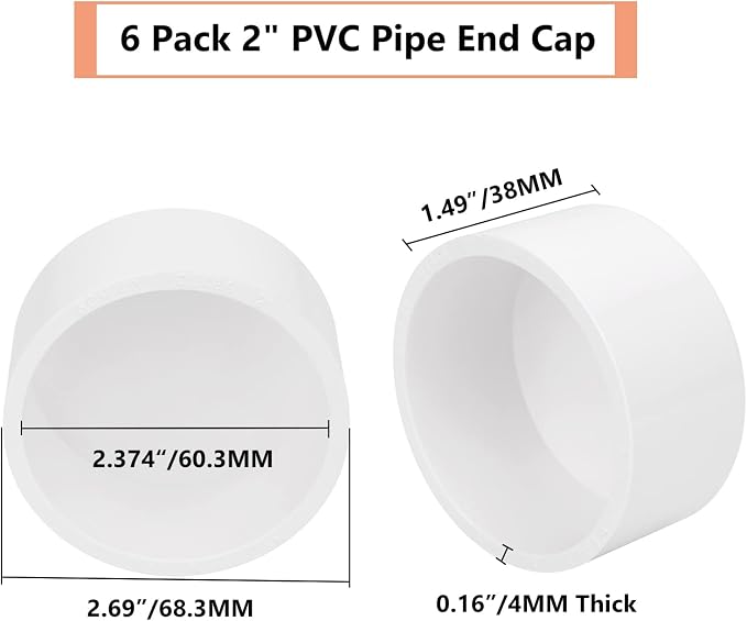 6 Pack 2" PVC Pipe End Cap Fitting, Schedule 40 Furniture Grade PVC Pipe End - Image 3