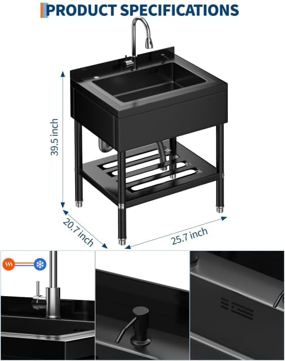 Stainless Steel Utility Sink, 25.7" × 20.7" × 39.5" Freestanding Laundry Tub - Image 2