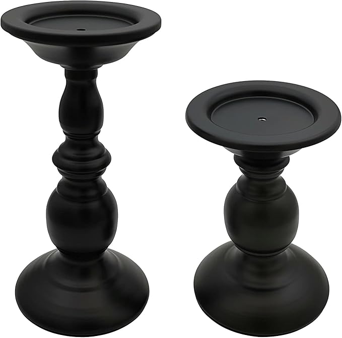 Pillar Candle Holders Stands Set of 2, Matte Black, 6.2" & 8.7" | Candle Holders by Fuhengli