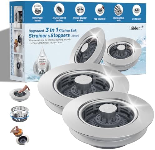 Hibbent 2 Pack 3 in 1 Kitchen Sink Drain Strainer, Metal Pop Up Stopper by Hibbent
