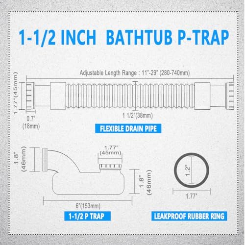 Low Profile 1 1/2 P Trap, Flexible Bathtub Shower Drain Pipe, Flat P Trap - Image 2