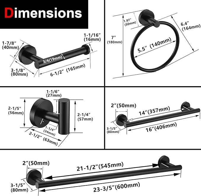 12 Pieces Matte Black Bathroom Hardware Accessories Set Hand Towel Ring 16&23.6 - Image 7