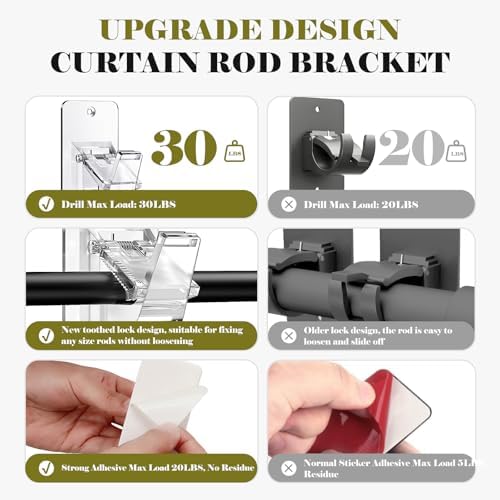 No Drill Curtain Rod Brackets, Universal Curtain Rod Holder, 8 Pack Self - Image 5