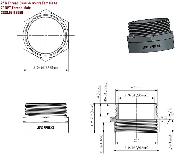 Cascada 2" G Thread Female to NPT Male Pipe Fitting Adapter | Lead-Free Brass - Image 2