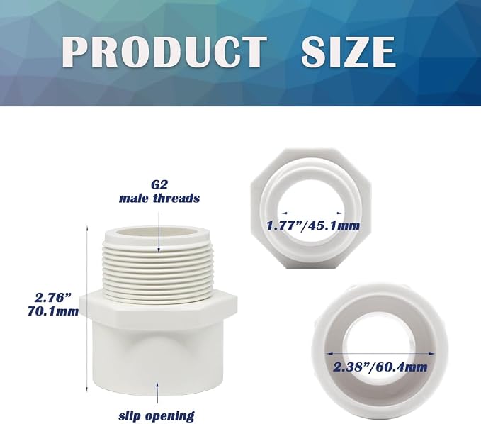 2PCS 2 Inch PVC Coupling Fittings White Socket to Male Thread PVC Pipe Fitting - Image 2