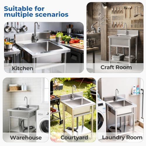 20" Stainless Steel Utility Sink, Freestanding Single Bowl Garage Sink - Image 2