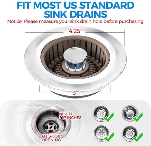 zaa 3 in 1 Kitchen Sink Drain Strainer Stopper Removable Basket Pop-Up - Image 6