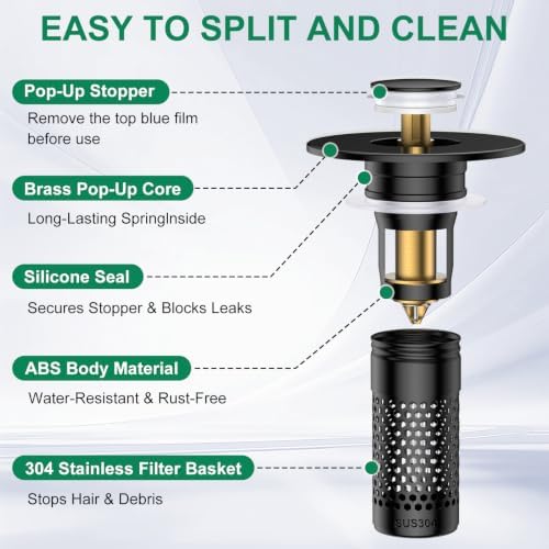 Bathroom Sink Drain Strainer, Universal Pop-Up Sink Stopper Hair Catcher - Image 7