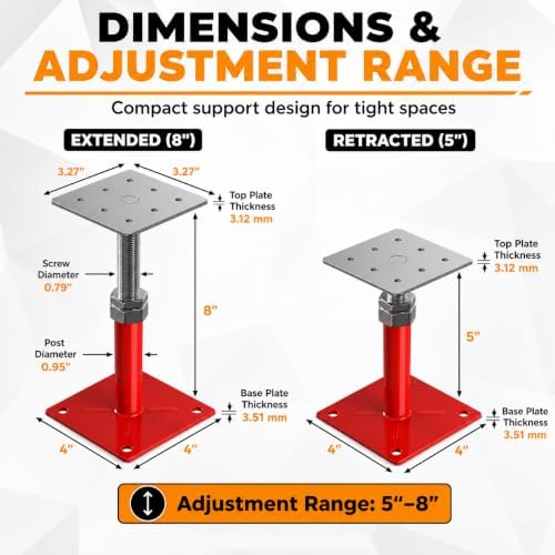 4-Pack Adjustable House Floor Jacks, 5-8 Inch Telescoping - Image 3