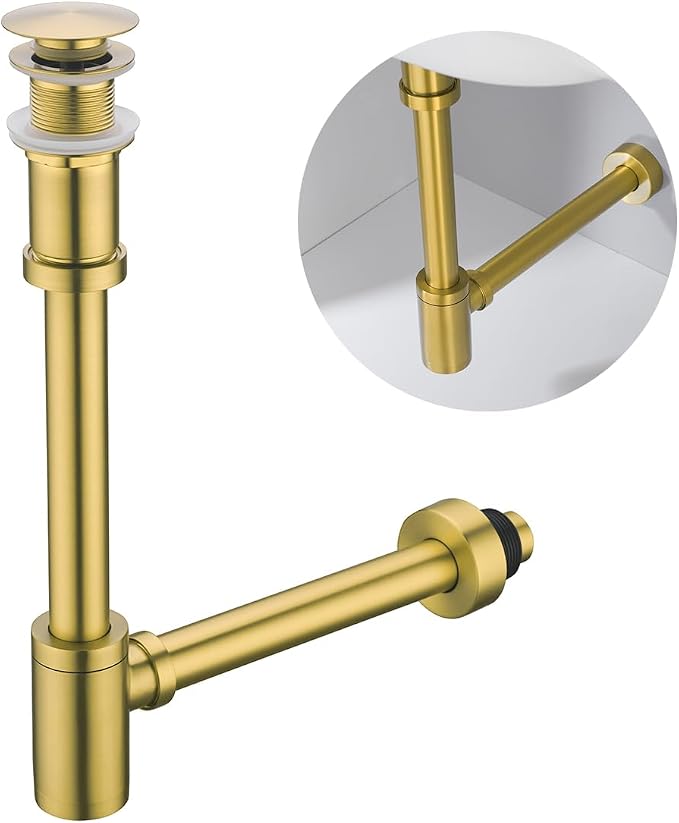 Brass Round Bottle P-Trap with Pop Up Drain Stopper, 1 1/4 Adjustable Basin by SEABEFORE