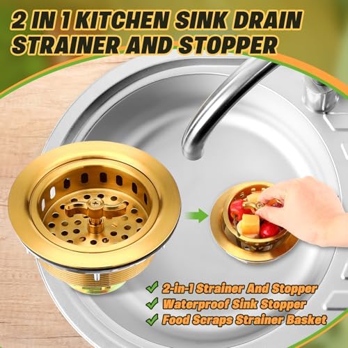 Threehoney 2 Pcs Kitchen Sink Drain Strainer 3-1/2 Inch Gold Stainless Steel - Image 6