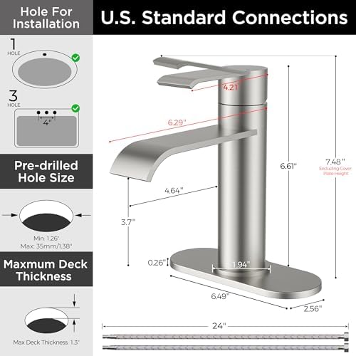 FORIOUS Waterfall Bathroom Faucet Single Hole Brushed Nickel 2 Pack - Image 6