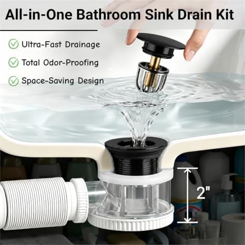 Universal Bathroom Sink Drain Kit, Space-Saving Anti-Odor Bottle Trap - Image 2