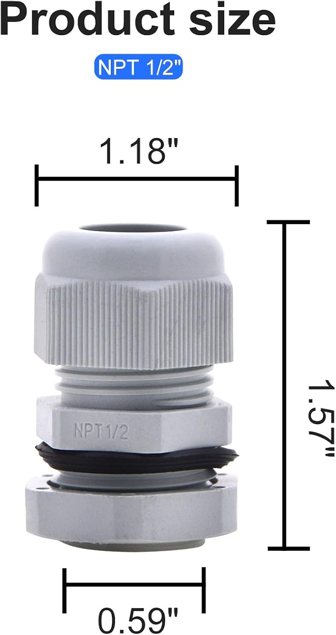 AnRui 25Pcs Waterproof NPT Cable Glands 1/2” Grey Nylon Adjustable Cable Gland - Image 2