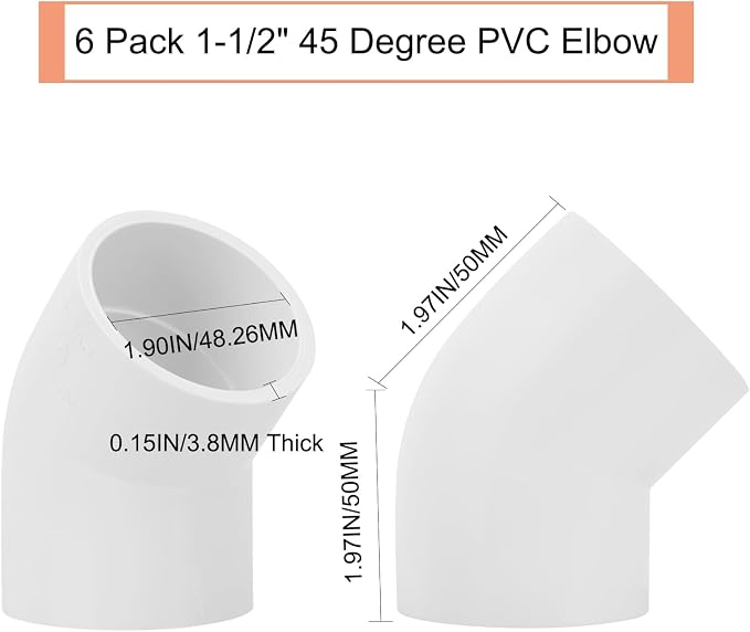 6Pack 1-1/2" 45 Degree PVC Elbow Pipe Fitting Connector Furniture Build Grade - Image 2