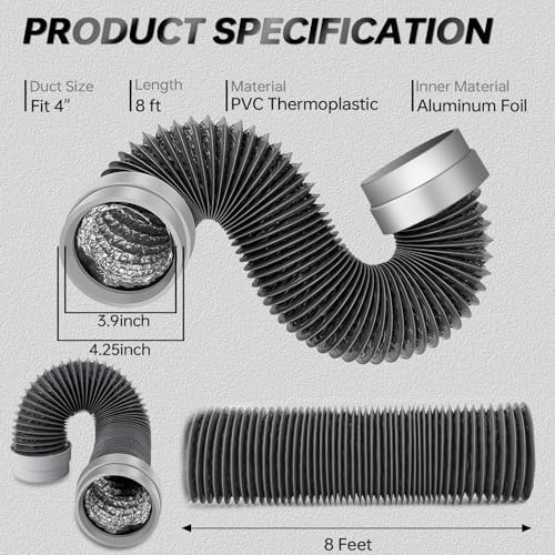 MATEWORK 8FT Dryer Vent Hose 4 Inch, Heavy Duty Flexible Aluminum Duct - Image 2
